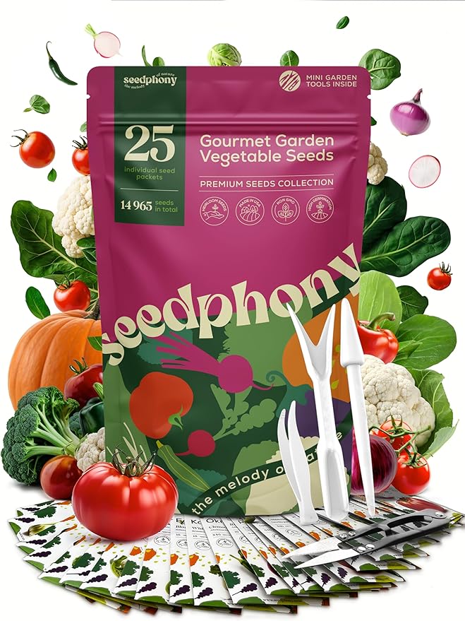 Seedphony 25 Gourmet Garden Vegetable Seeds Variety Pack - 14,965+ Non-GMO Heirloom Vegetables Seeds for Planting Indoor&Outdoor Home Garden Seeds - Gardening Seed Packets for Planting Vegetable Seeds