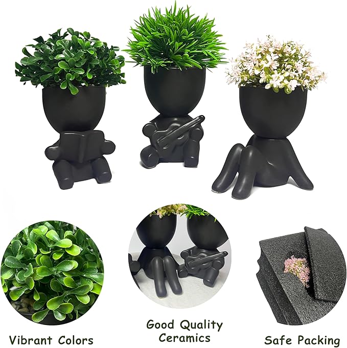 3 Packs Creative Fake Plants Artificial Succulents in Ceramic Human Shaped Pots – Funny Premium Ceramic Faux Succulent Pots for Home & Office Desk Decor, Perfect Humorous Gift Idea (3, Black)
