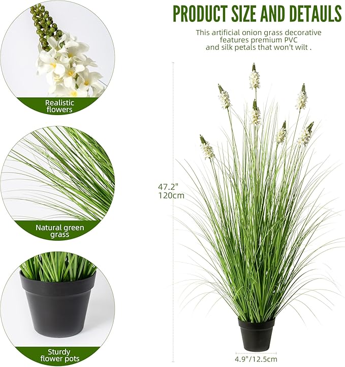 Artificial Plants Indoor Tall Grass Plants with Hyacinth Flower 47.2In Tall Artificial Ornamental Grass Green Onions Outdoor Fake Plants with Black Pot Home Office Decorative (1 Pack,White)