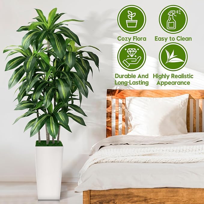 Artificial Dracaena Tree Indoor, 6FT Tall Fake Tree with White Tall Planter, Artificial Trees Fake Yucca Potted Tree for Home Office Living Room Decor, Tall Artificial Plant for Housewarming