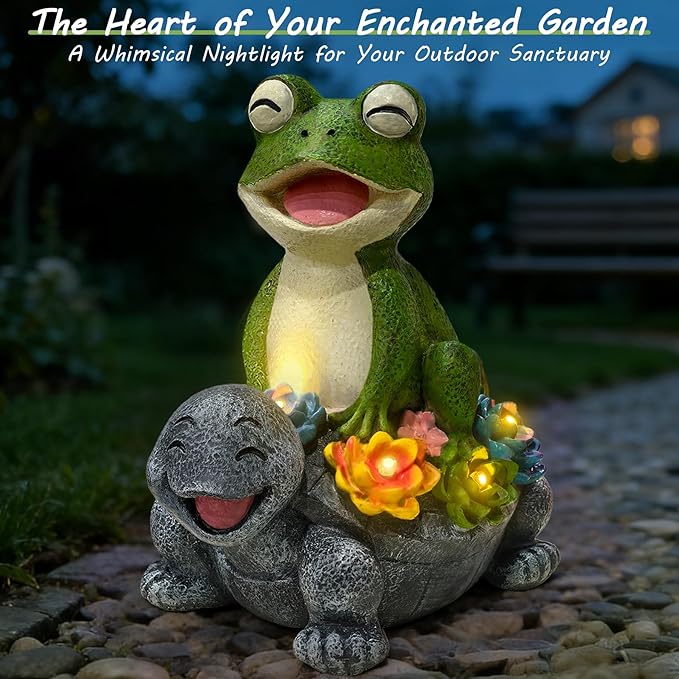 Solar Garden Statues, Cute Smiling Animal Outdoor Decor with 8 Bright LED Lights for Patio Yard Balcony Perfect Mother‘s Day Birthday Housewarming Garden Gift (Green Frog - Stone colored Turtle)
