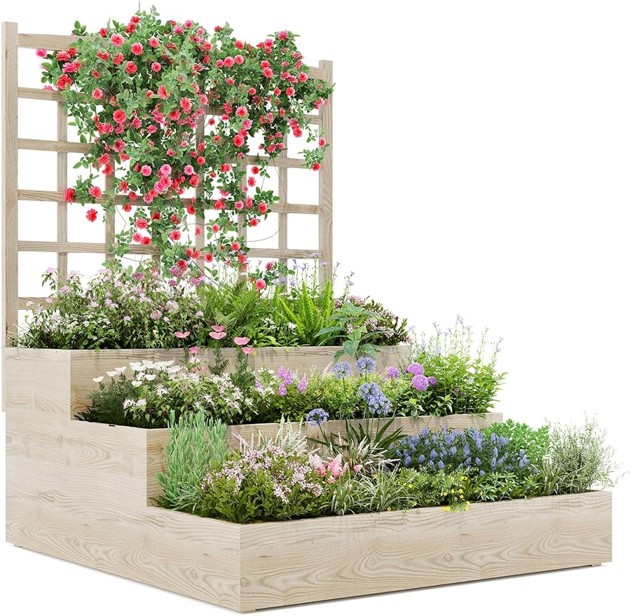 GarveeLife 3-Tier Raised Garden Bed,Wooden Vertical Planters with Trellis & Open-Ended Base for Climbing Plants Vines Flower Herb Vegetable Fruit,Outdoor Planter Boxes for Patio Yard Lawn