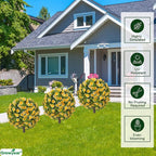 Fall Artificial Topiary Ball with Spike Set of 2, Faux Boxwoods for Outdoor Planters, UV Resistant Artificial Outdoor Plants for Porch, Fake Bushes Round Shrub with Orange Yellow Flower