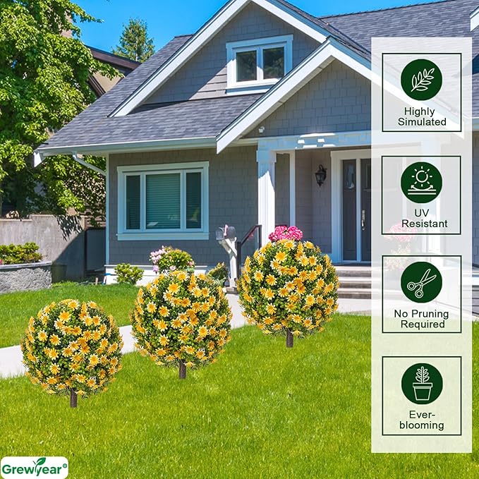 Fall Artificial Topiary Ball with Spike Set of 2, Faux Boxwoods for Outdoor Planters, UV Resistant Artificial Outdoor Plants for Porch, Fake Bushes Round Shrub with Orange Yellow Flower