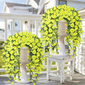 Artificial Hanging Flowers for Outdoors, 4 PCS 600 Blooms UV Resistant Morning Glory Faux Silk Vines, No-Odor Realistic Fake Plants for Garden Planter Porch Patio Decoration, Yellow