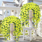 Artificial Hanging Flowers for Outdoors, 4 PCS 600 Blooms UV Resistant Morning Glory Faux Silk Vines, No-Odor Realistic Fake Plants for Garden Planter Porch Patio Decoration, Yellow