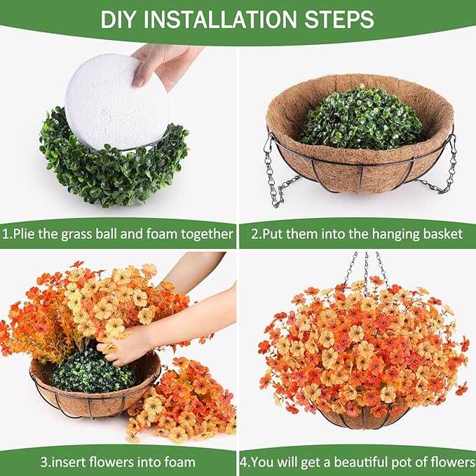 Artificial Flowers Hanging Plants in Basket, Artificial Hanging Flowers for Spring Outdoor Indoor Decor, UV Resistant Hanging Baskets with Fake Flowers for Spring Summer Patio Garden Porch Decor