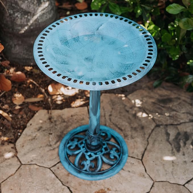 Backyard Expressions Outdoor Garden Bird Bath - Blue - Weather Resistant Polyresin - 27 Inch