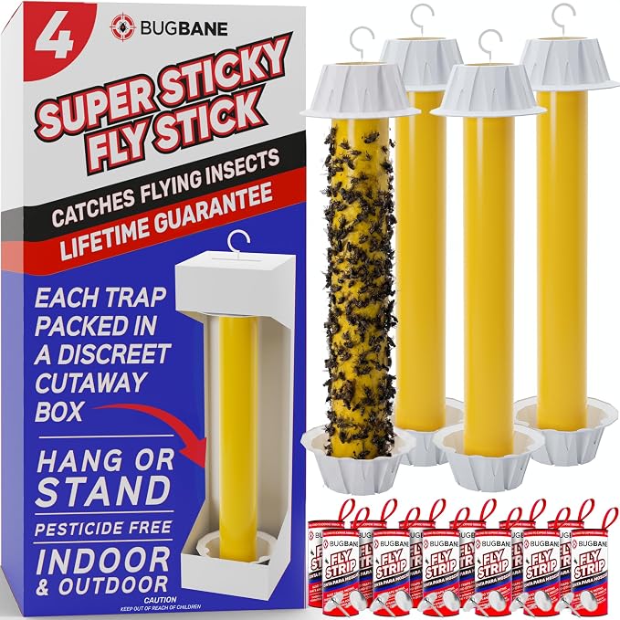 Fly Stick Sticky Fly Traps for Indoors Outdoor 4pk with 12 Ribbons. Non-Toxic Super Sticky Hanging Flies Catcher Paper Tape Strips for Home
