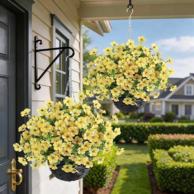 GLIDLION Artificial Flower & Eucalyptus with Hanging Basket - 2PCS Faux UV Sun Resistant Morning Glory in Planter, Fake Colorful Silk Flowers for Spring Summer Porch Patio Balcony Yard Decor (Yellow)