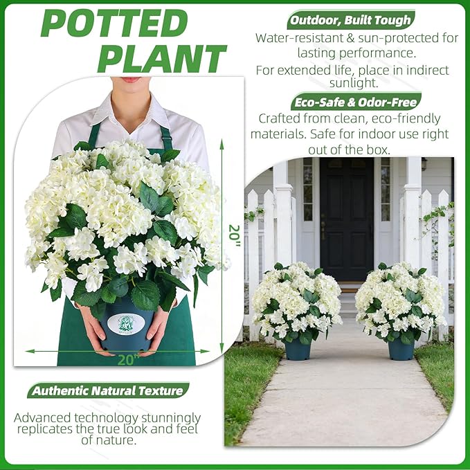 QIANYUN Artificial Topiary for Outdoors -20” Potted Plant Fake Hydrangea Bush-UV Resistant Artificial Outdoor Plants for Front Porch, Garden, Yard, Patio Decor (White)