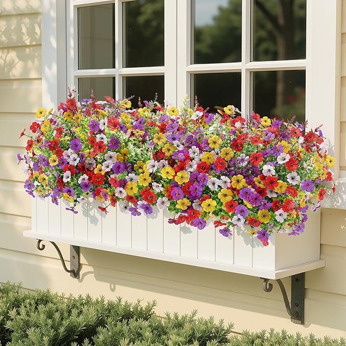 SHareconn 24 Bundles Artificial Flowers for Outdoors Decoration, Faux Plants Fake Silk Colorful Daisy Eucalyptus Lavender, UV Resistant for Outside Home Porch Indoor Spring Decor, RedPurpleYellowWhite