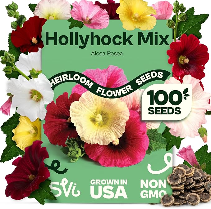 SVI 100 Mix Hollyhock Seeds (Alcea rosea) - Mallow, Common Hollyhock Seed Packets, Attracts Hummingbirds - Heirloom Flower Seeds for Outside & Inside, Meadows, Fences, Beds