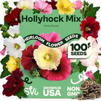 SVI 100 Mix Hollyhock Seeds (Alcea rosea) - Mallow, Common Hollyhock Seed Packets, Attracts Hummingbirds - Heirloom Flower Seeds for Outside & Inside, Meadows, Fences, Beds