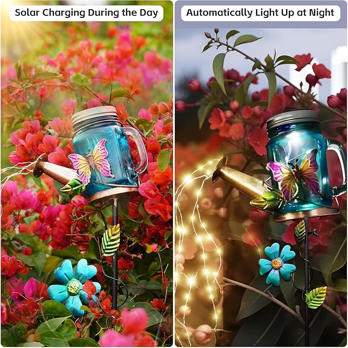 SRNPMIU Solar Watering_Can Light, Yard Outdoor Decor Lights, IP65 Waterproof, Hanging Butterfly Garden Light, Outside Garden Flower Bed Decor, Women Gift, Birthday Gifts