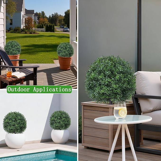 2Pcs Artificial Boxwood Topiary Ball Tree, UV Resistant Artificial Outdoor Shrubs with Spike, Decorative Evergreen Fake Topiary Bushes Plant for Front Porch Garden