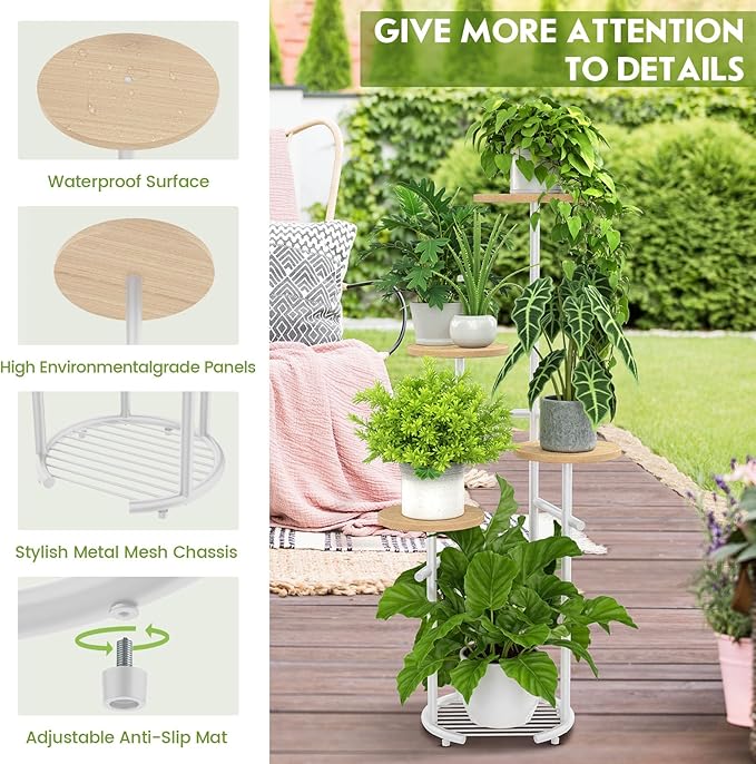 TOSKING 5-Tier Thickened Metal Plant Stand, Anti-Tip Round Base for Pots, Child & Pet Friendly, Corner Shelf Flower Pot for Multiple Plants, Indoor Outdoor Use for Living Room Balcony Patio Garden (White and Wood, 42in)