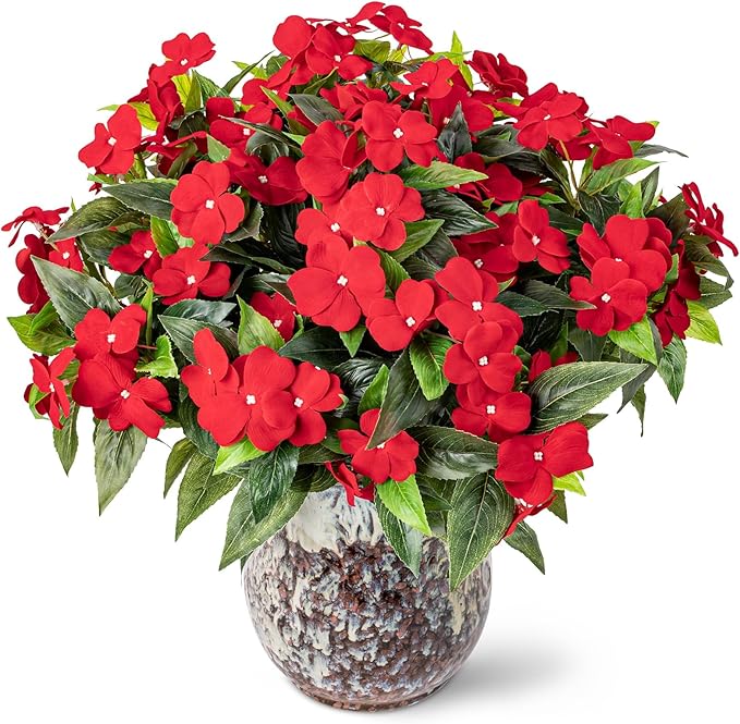Nigirior Artificial Fake Flowers for Outdoor Décor 6 Bundles UV Resistant Fake Plants for Planter Faux Impatiens for Home Porch/Garden Stunning（Red）