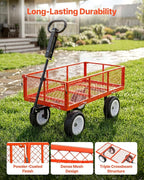 VEVOR 900 LBS Steel Garden Cart, 2 in 1 Handle, Heavy Duty Pullable Garden Wagon with 10" Flat-Free Tires, Outdoor Utility Yard Wagon Cart with Detachable Side Panels, Attach to ATV or Tractor, Red