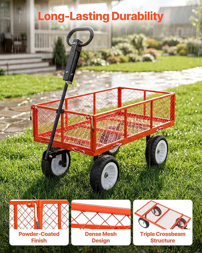 VEVOR 900 LBS Steel Garden Cart, 2 in 1 Handle, Heavy Duty Pullable Garden Wagon with 10" Flat-Free Tires, Outdoor Utility Yard Wagon Cart with Detachable Side Panels, Attach to ATV or Tractor, Red