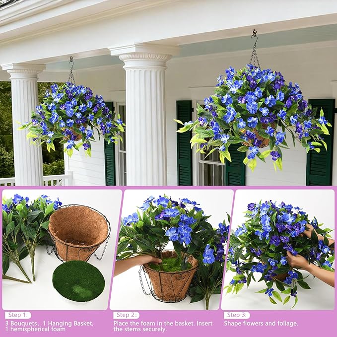 Hommyea Artificial Fake Hanging Flowers Plants Basket for Outdoors Outside Decoration UV Resistant Faux Silk Flowers Look Real Plastic Flowers for Spring Planters Home Porch Patio Garden Decor