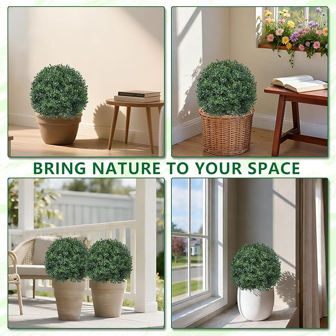 Artificial Boxwood Topiary Trees with Ground Spike,4 Pieces Fake Boxwood Ball Shrubs Bushes, UV Resistant Faux Evergreen Cypress Tree Plants for Indoor Outdoor Planters Front Porch