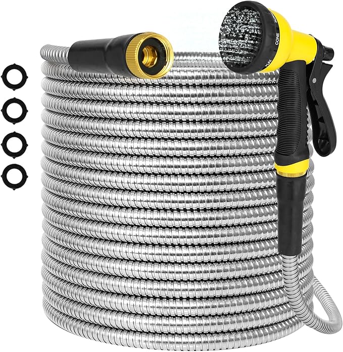25FT Water Hose, Heavy Duty Stainless Steel Garden Hose with 10 Function Nozzle, Lightweight Metal Hose, No Kink, Leak-proof, Puncture Resistant for Yard, Outdoor, RV