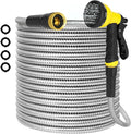 25FT Water Hose, Heavy Duty Stainless Steel Garden Hose with 10 Function Nozzle, Lightweight Metal Hose, No Kink, Leak-proof, Puncture Resistant for Yard, Outdoor, RV