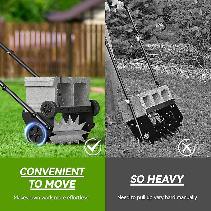 Lineware 18-Inch Lawn Aerator,Heavy Duty Push Spike Aerator with 4 Wheels,Aerator Lawn Tool with Steel Handle, Manual Aerator Lawn Tool with Foam Armrests, Suitable for Lawn, Garden and Yard