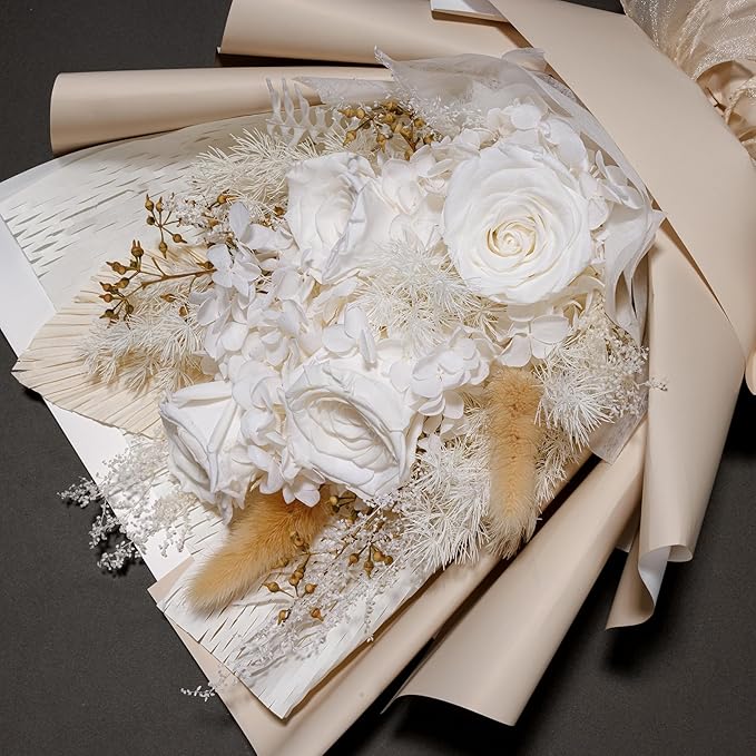 Bonsion Preserved Flowers Gifts for Women, Flower for Delivery, White Roses Gifts fo Her, Preserved Roses Bouquets, Birthday Gifts for Grandma, Mothers Day Flowers for Wife