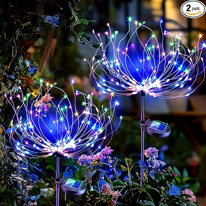 Anordsem Solar Lights Outdoor Waterproof: 2 Pack Garden Light - Bendable Copper Wire with 120 LED Firework Beads - DIY Colorful Fun Decoration for Yard Patio - Twinkle Sparkler Gifts for Women Wife