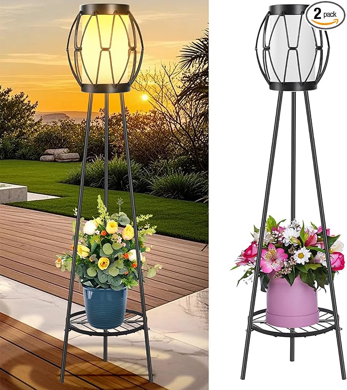 Solar Powered Tripod Floor Lamp with Plant Stand - 36in Outdoor Patio Garden Yard Deck Porch Lighting Decor, Waterproof Solar Light for Backyard Balcony Pathway(2 Pack)
