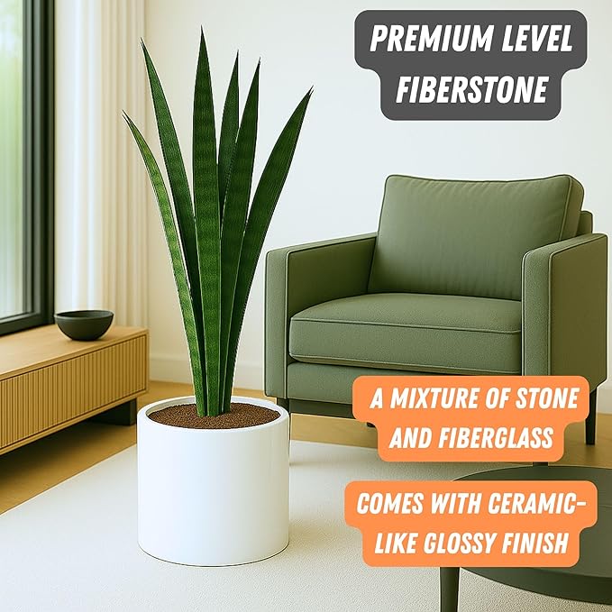 Fox & Fern 12" Large Plant Pot Fits Plant Stand - Fiberstone - Drainage Plug - Outdoor Indoor - Matte White