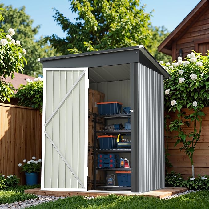 Greesum Outdoor Storage Shed 5 x 3 ft. Utility Tool Shed Metal Storage Garden Shed with Door & Lock for Patio Storage, White