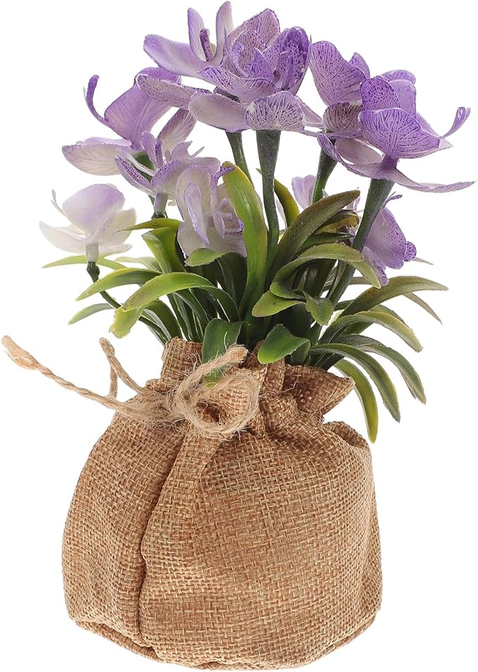 Realistic Faux Phalaenopsis Orchid Flower Plant in Potted Burlap Bag Simulation Butterfly Orchid for Home Table Decor for Office and Living Room