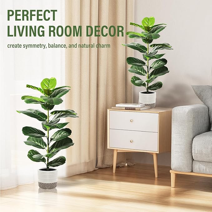 Suntee 2 Pack Artificial Fiddle Leaf Fig Tree, 30" Ficus Lyrata Fake Plants with Cotton Rope Basket, Floor Plant Outdoor Faux Plants for Living Room, Corner, Office, Patio, Windowsill Decor