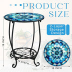 Outdoor Side Table Round Small Mosaic Patio Accent Indoor End Plant Coffee Tea Table for Yard Patio Porch Garden Living Room, Bedroom(Mandala Style,16 Inch)