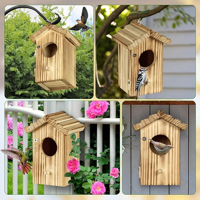 Hummingbird House for Outside Hanging - Small Bird Nesting Box for Hummingbird - Natural Wood Birdhouse with Perch - Outdoor Garden Decor & Bird Lover Gift (Dimensions 4.1*3.3*5.9 inch)