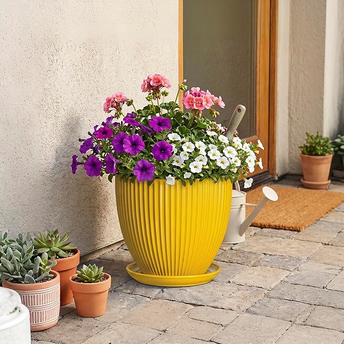 Ceramic Planters for Indoor Plants, 10 Inch Plant Pot Indoor with Drainage Hole and Saucer, Modern Large Flower Pots for Indoor Plants, Round Planter, Home Garden Decor, Gardening Gifts, Yellow