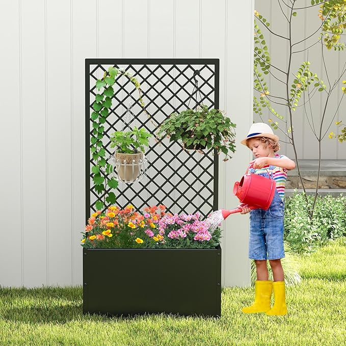 kinbor Planter with Trellis - Metal Planter Boxes Outdoor, Raised Garden Bed with Lattice Trellis for Climbing Plants, Black Flower Boxes Outdoor
