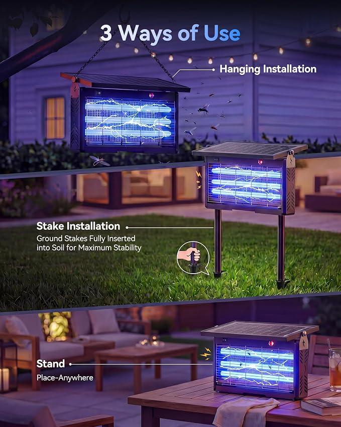 𝟐𝟎𝟐𝟔 𝐔𝐩𝐠𝐫𝐚𝐝𝐞𝐝 Solar Bug Zapper Outdoor, Mosquito Zapper Waterproof Electric Fly Zapper Rechargeable Mosquito Killer, Cordless Fly Insect Trap for Yard, Patio, Home, Garden, Camping