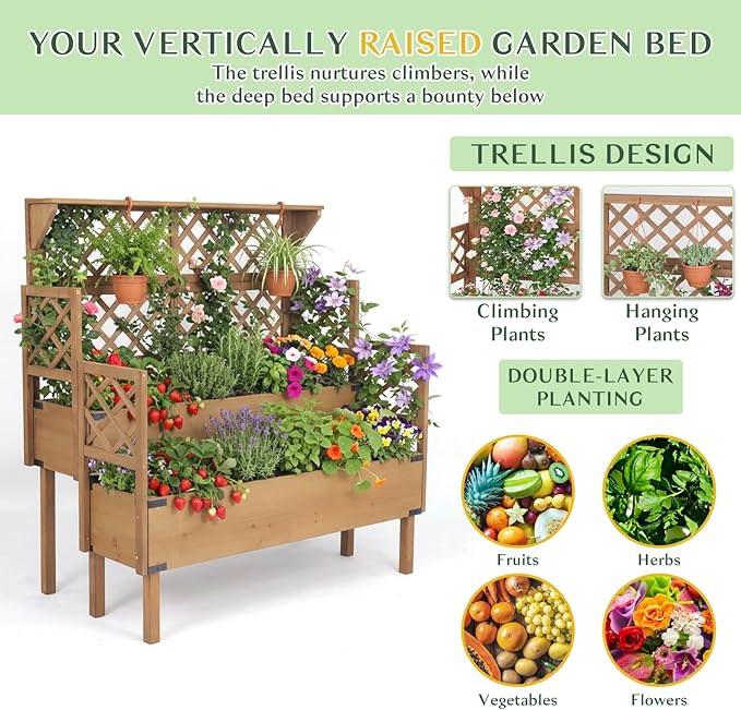 Raised Garden Bed with Trellis, 47''H Outdoor Flower Plant Stand with Two Planting Areas, Top Shelf, Liner, Elevated Garden Beds for Climbing Plants, Herb, Gift for Gardening, Brown