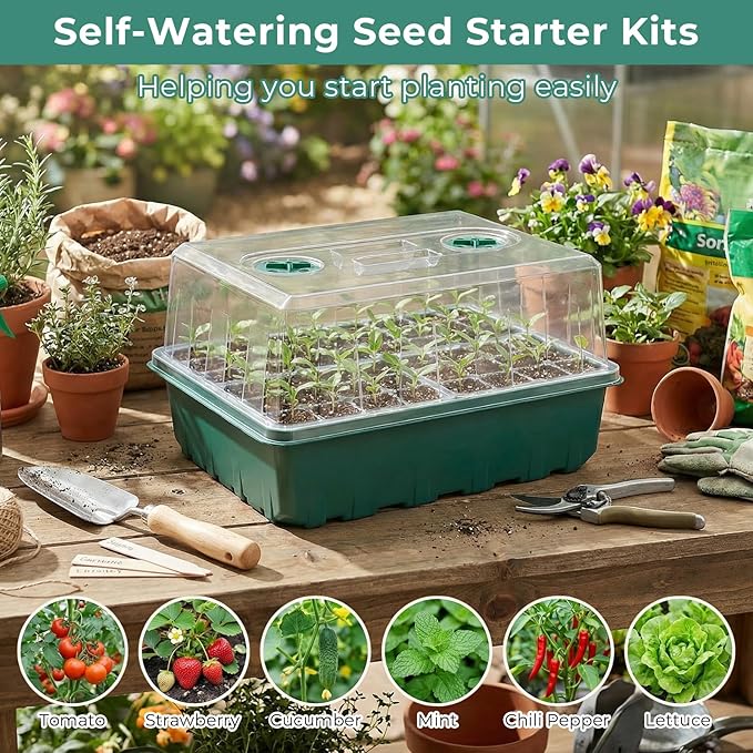 Hanaoyo Self-Watering Seed Starter Tray 2 Packs, 96 Cells Seed Starter Kit with Humidity Vented Domes and High Lid, Germination Kit for Indoor Greenhouse Seed Starter