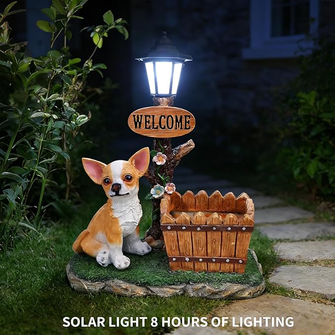Animal Outdoor Statue Planter Solar Light Welcome Garden Sculpture Resin Flower Pot Decorative Porch Patio Yard Lawn Entryway Figurine with LED Lamp Rustic Plant Holder Ornament Courtyard (H)