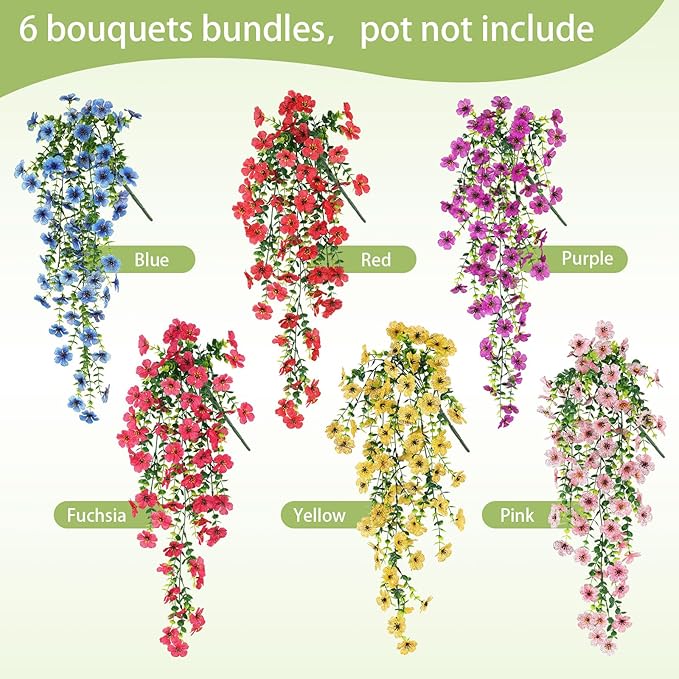 Artificial Flowers for Outdoors Spring Decor, 6 Bundles UV Resistant Realistic Faux Silk Hanging Flowers, Fake Plants for Planter Indoor Outside Garden Porch Patio Balcony Yard Farmhouse