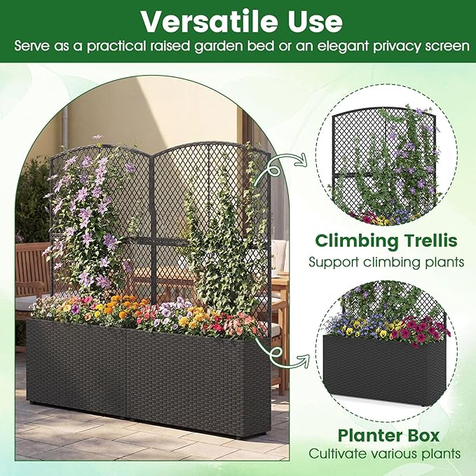 Happygrill Raised Garden Bed with Trellis, 58" Wicker Planter Box with Privacy Screen, Liner, Drainage for Patio Balcony, Outdoor PE Rattan Elevated Garden Bed for Climbing Plant Vine Flower (Black,1)