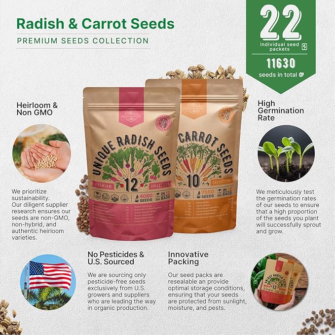 Organo Republic 12 Radish and 10 Carrot Seeds Variety Pack Bundle, 9,950+ Non-GMO Heirloom Garden Seeds for Planting Radishes and Carrots for Indoor & Outdoor Gardening