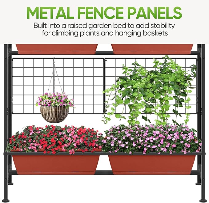 CADUKE Raised Garden Bed, Garden Raised Planter Box with Legs, 32" Elevated Vegetable Garden Beds with Drainage Holes & Trellis, Herb Garden Planter Outdoor for Vegetables, Balcony, Red