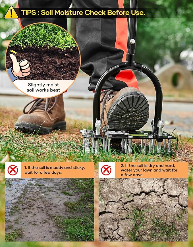 Sakerplus Aerator Lawn Tool, Hand Metal Spike Lawn Aerator with Rebounce Spring Base, Automatic Leaf and Dirt Cleaning, Grass Aerator for Lawn Care, Soil Loosening, Yard Aerating (Orange Handle)