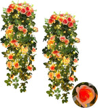 RECUTMS 4pcs Hanging Rose Flower Artificial Plants 32-in Fake Ivy Vine with 30 LED Fairy String Lights Outdoor UV Resistant Plastic Roses for Home Room Wedding Decor (Champagne)